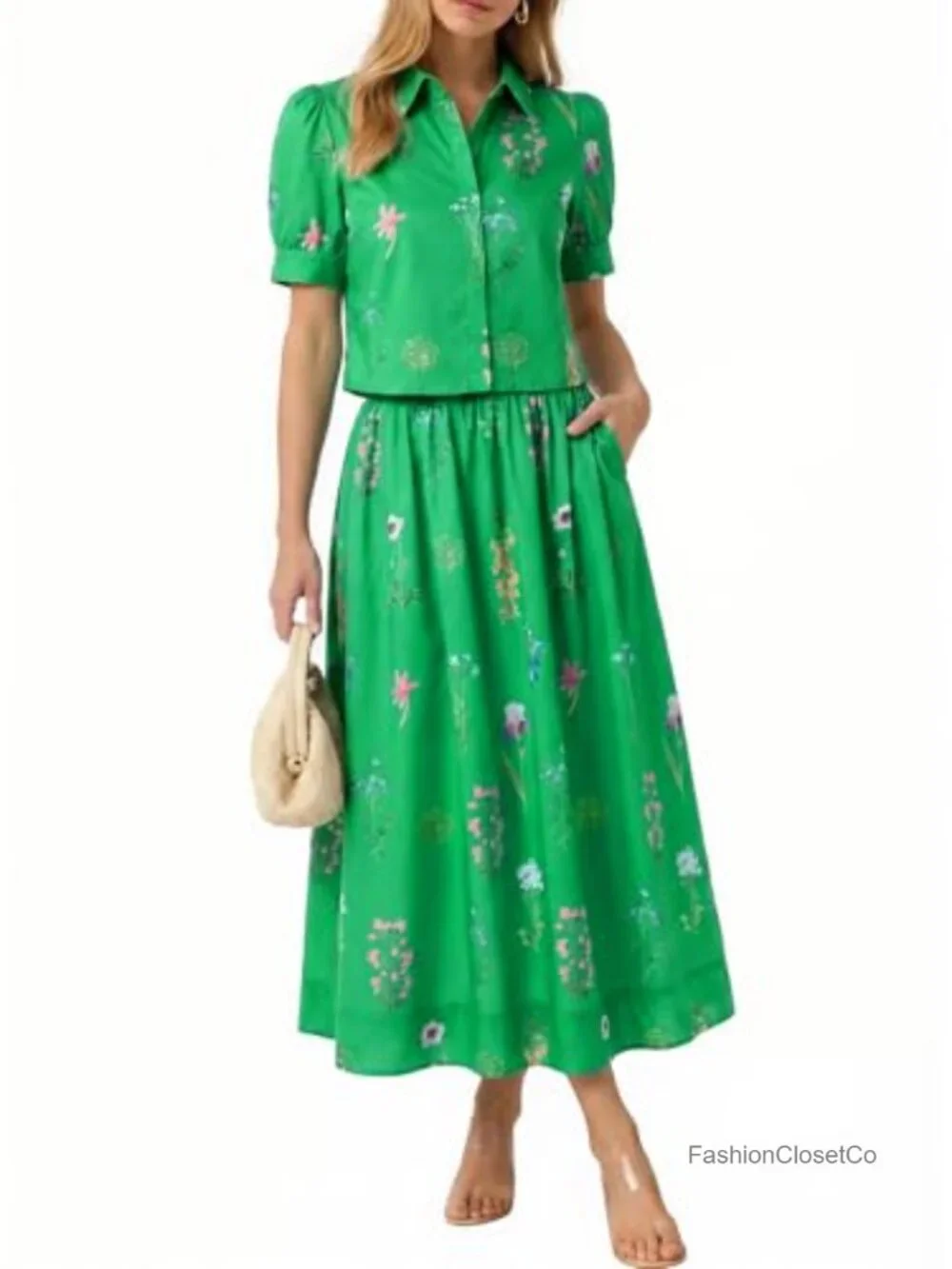 Womens 2 Piece Floral Skirt Set Puff Sleeve Blouse Elastic Waist Matching